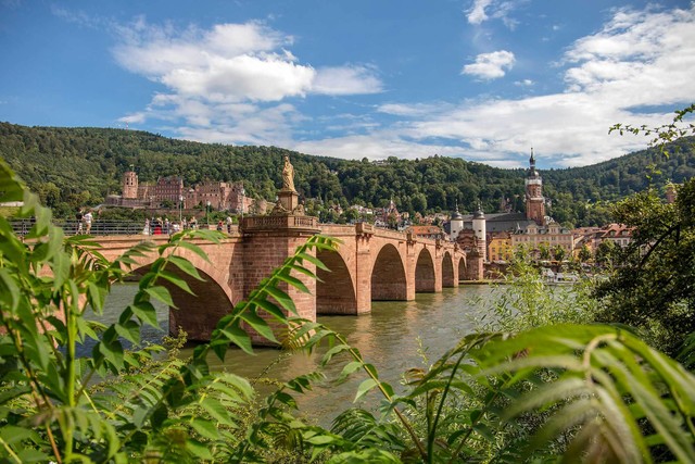 Panoramaansicht Alte Brücke und Schloss Heidelberg in der Kurpfalz